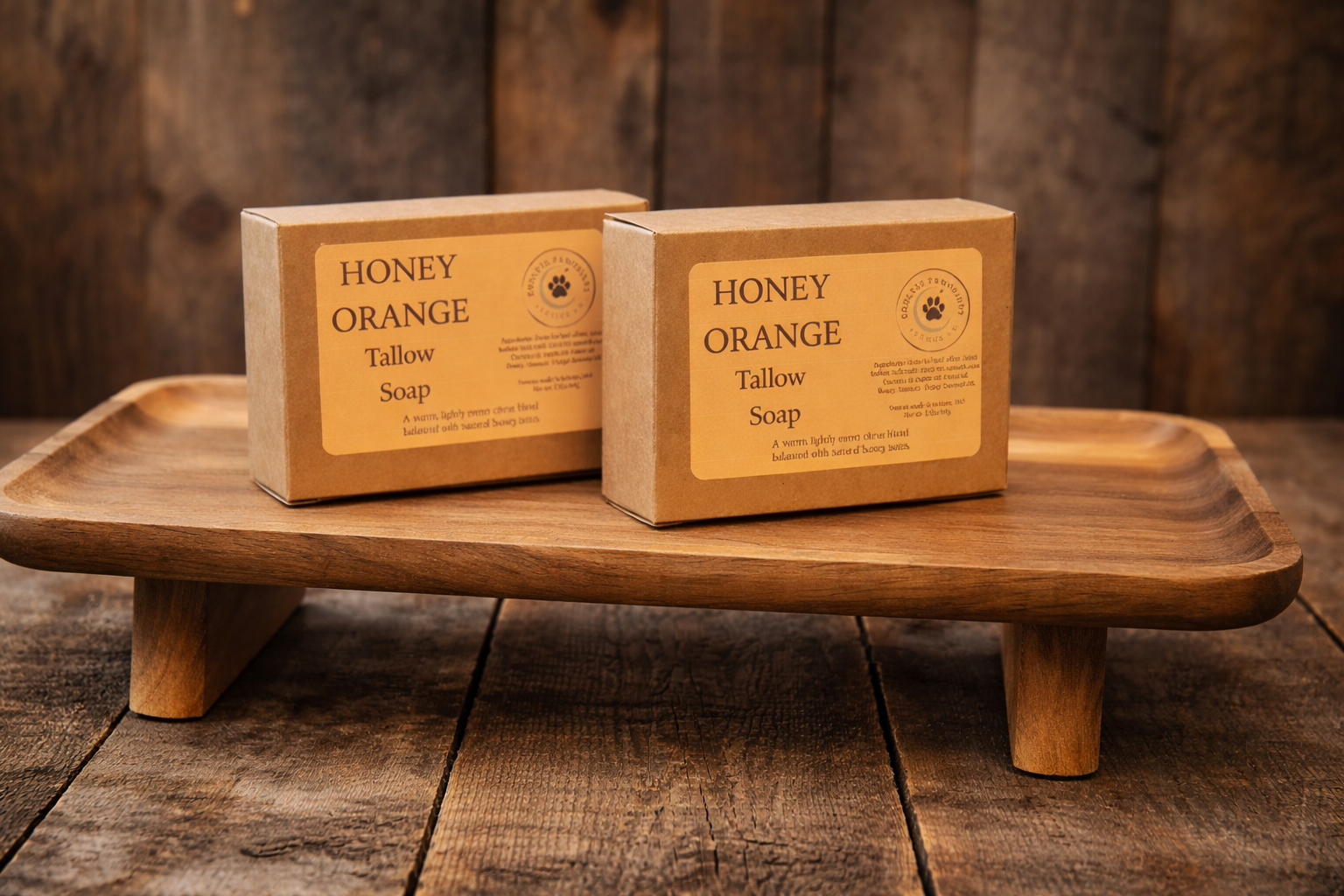 Two bars of Honey Orange Tallow Soap on a wooden tray with a rustic background.