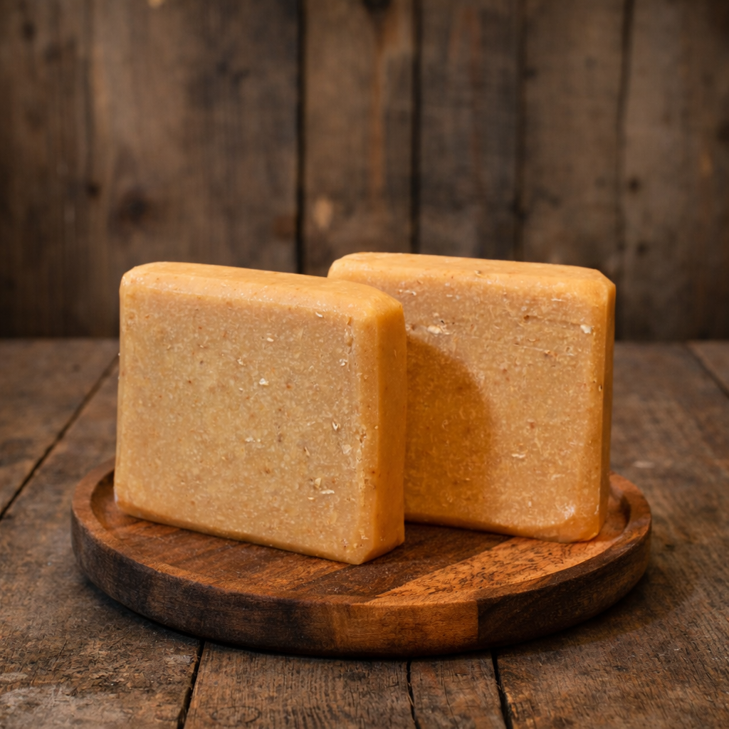 Two bars of honey orange  soap on a wooden plate with a rustic wooden background
