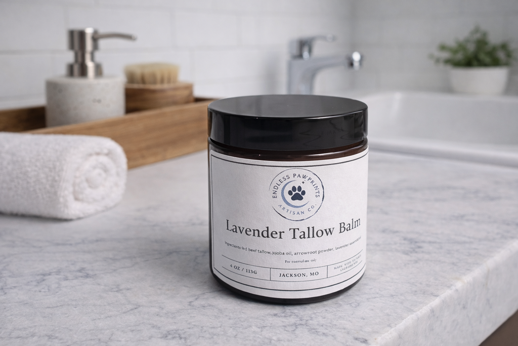 Jar of lavender tallow balm on a bathroom counter with a white background, sitting in front of a towel and soap dispenser.