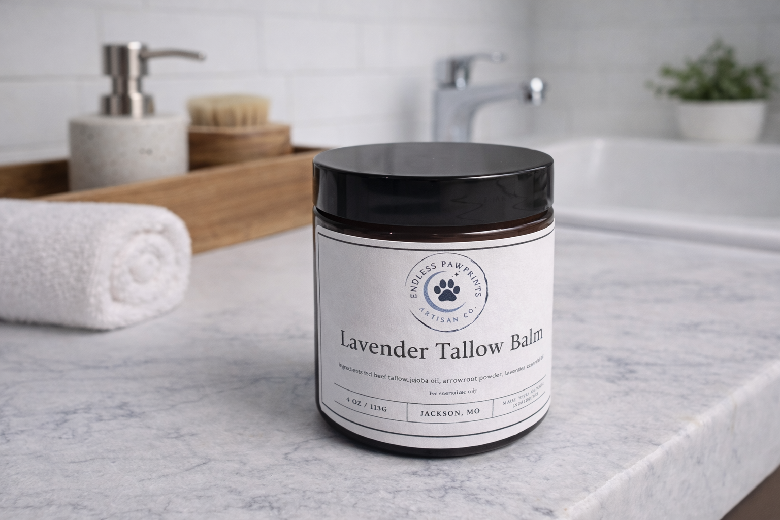 Jar of lavender tallow balm on a bathroom counter with a white background, sitting in front of a towel and soap dispenser.