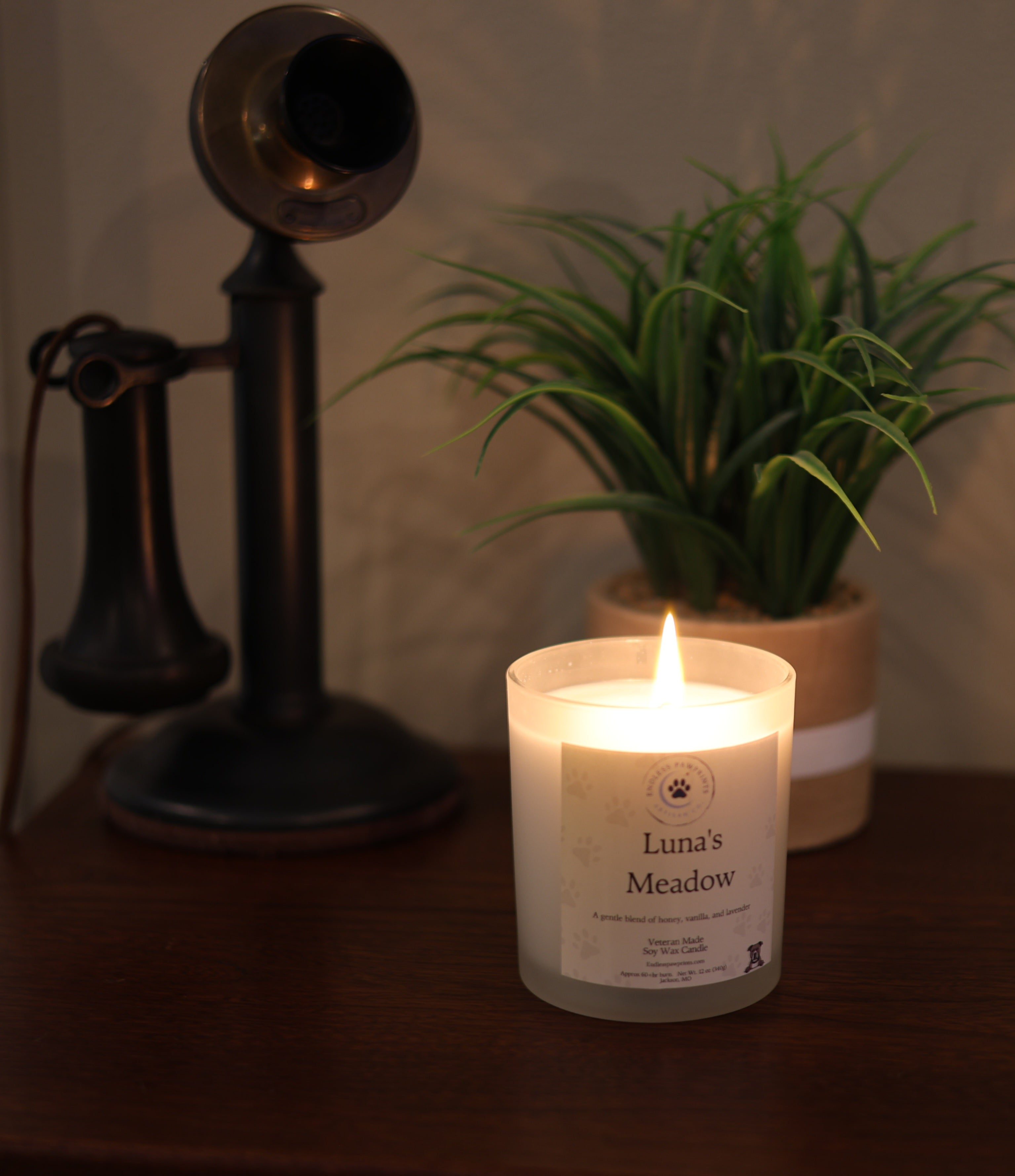 A Luna's Meadow scented candle sitting on a table infront of a plant and an antique phone