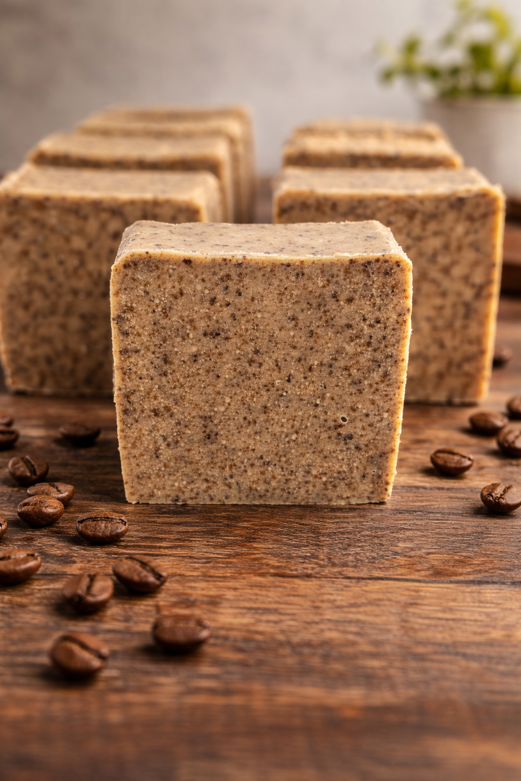 Cube-shaped coffee-scented soap on a wooden surface with scattered coffee beans
