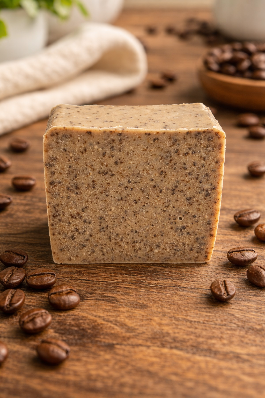 Bar of coffee-scented soap on a wooden surface with coffee beans around