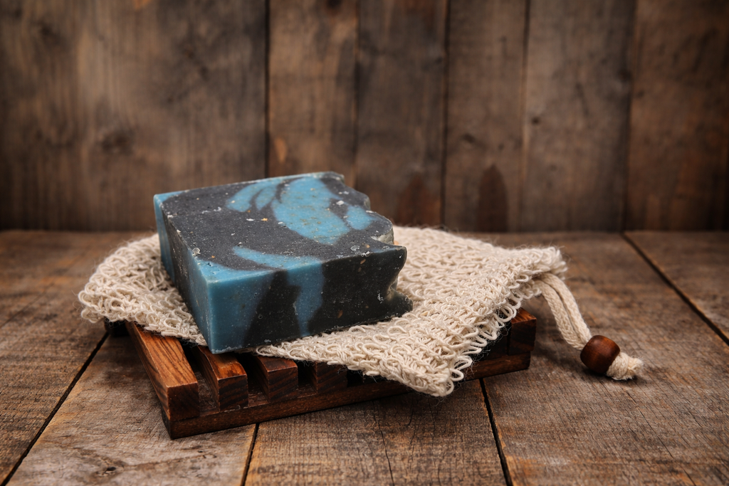 Blue and black soap bar on a wooden stand with a rustic background