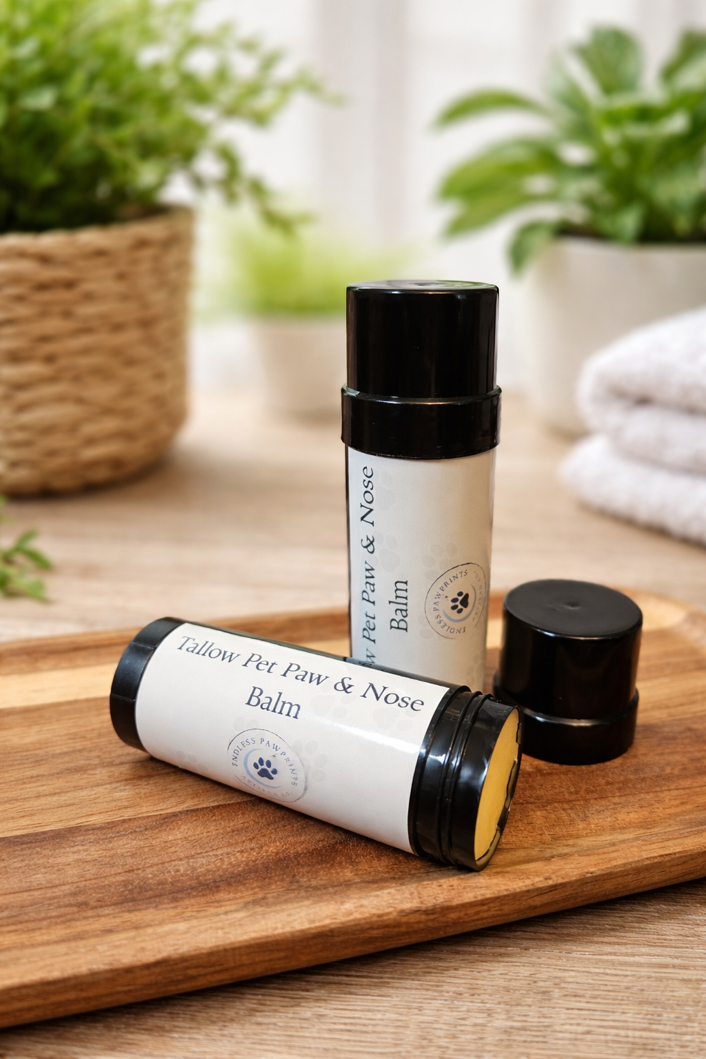 Two tubes of pet paw and nose balm on a wooden surface with plants in the background.