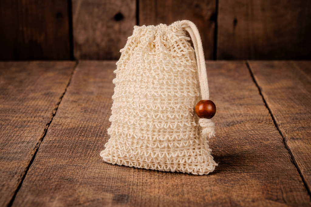 Soap saver bag against a wooden background