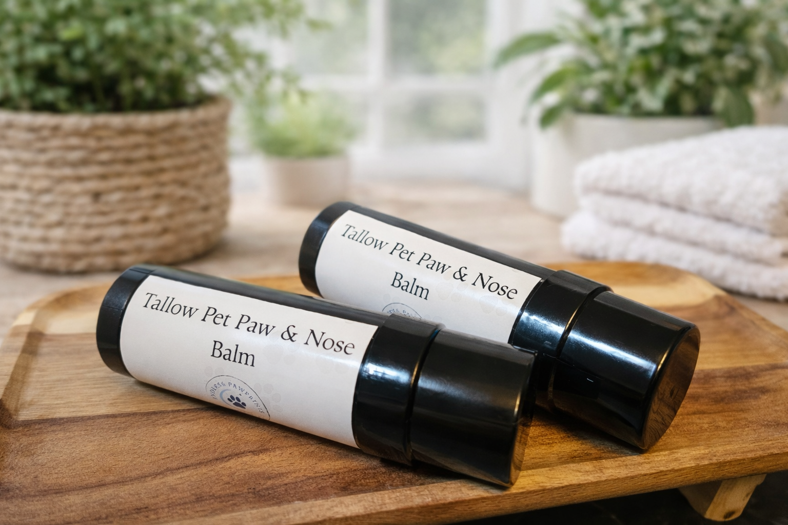 Two bottles of Tallow Pet Paw & Nose Balm on a wooden surface with a blurred indoor background.
