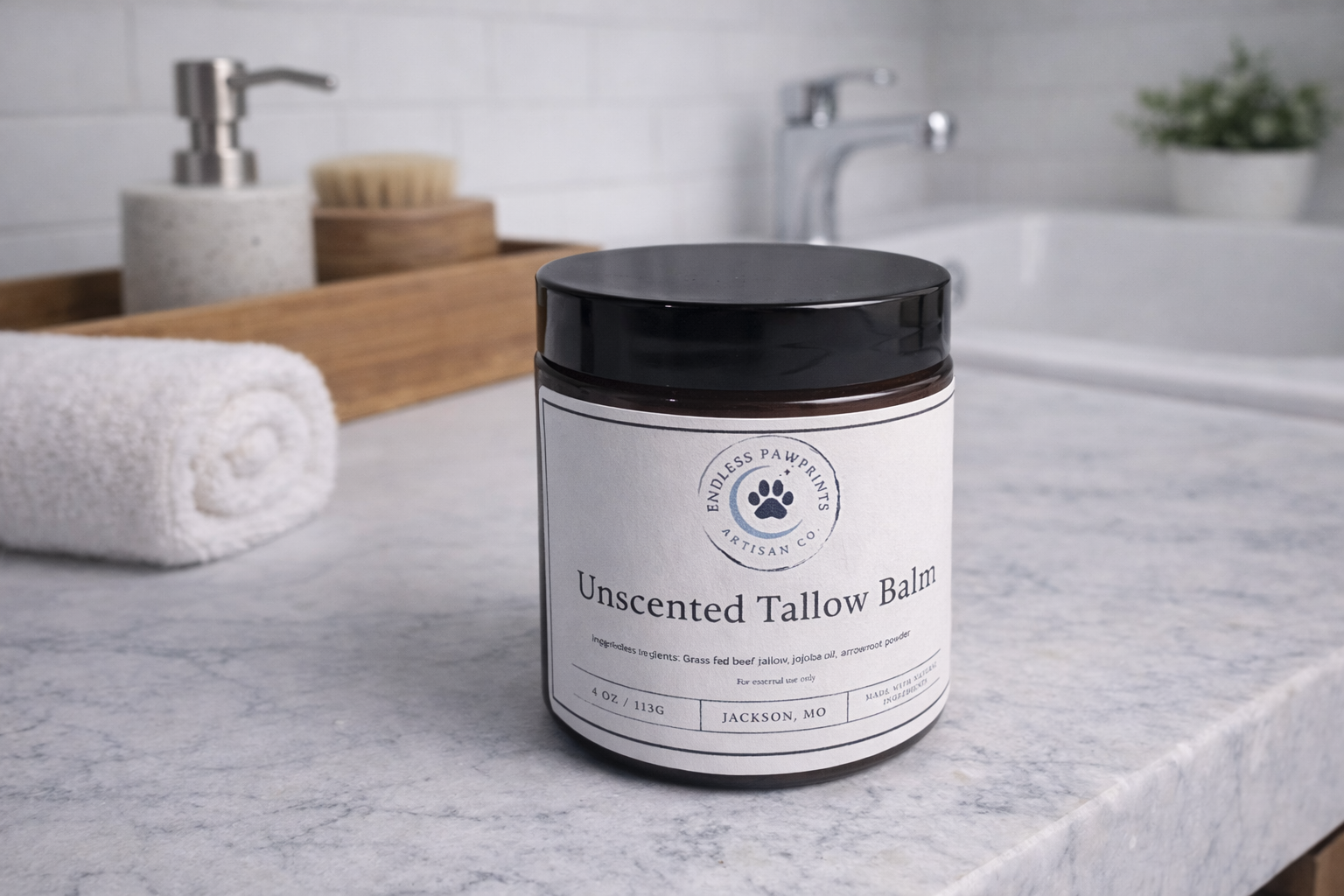 Unscented tallow balm jar on a bathroom counter with a towel and soap dispenser in the background.