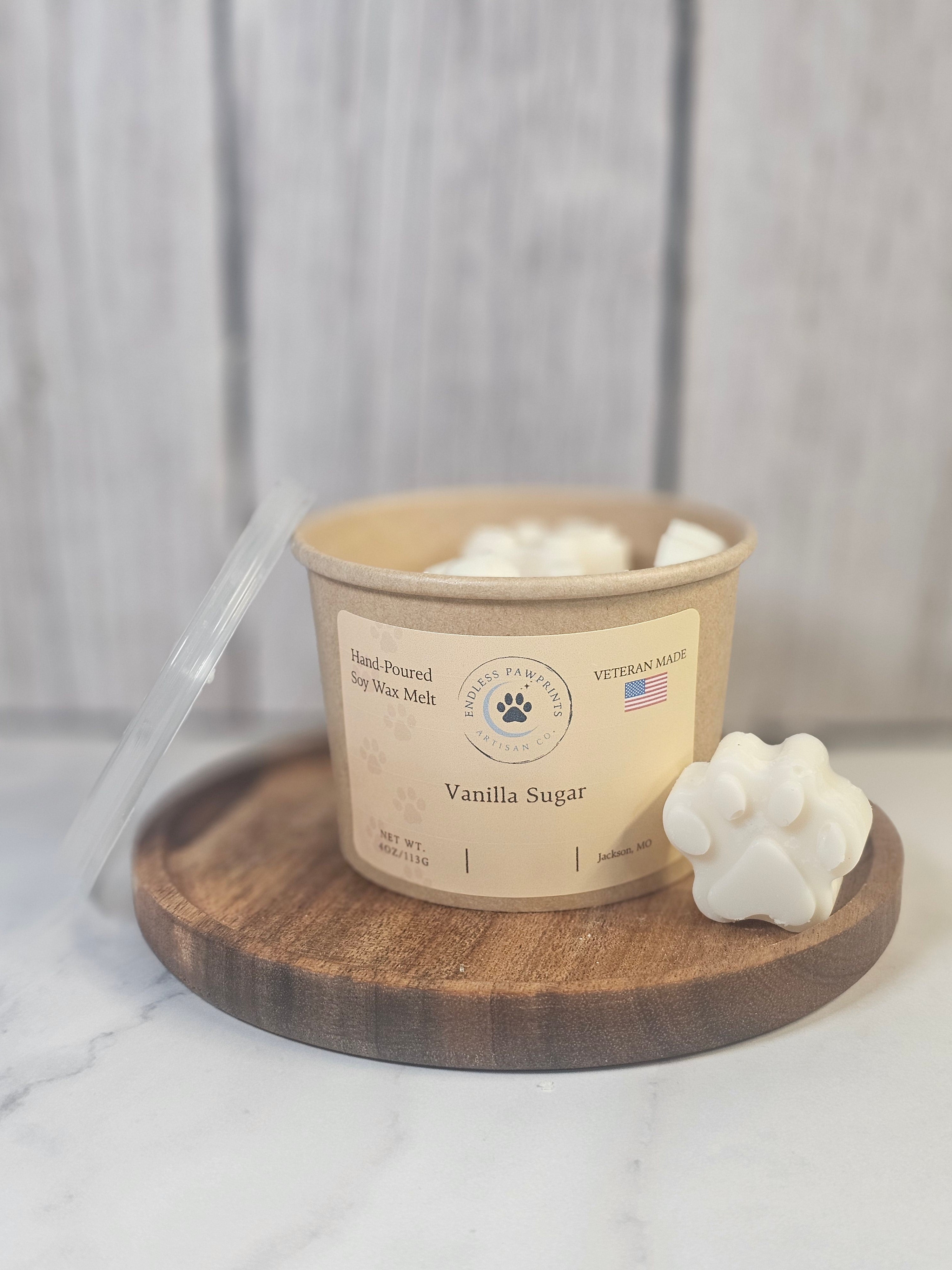 Vanilla sugar container wax melts with lid on a marble surface