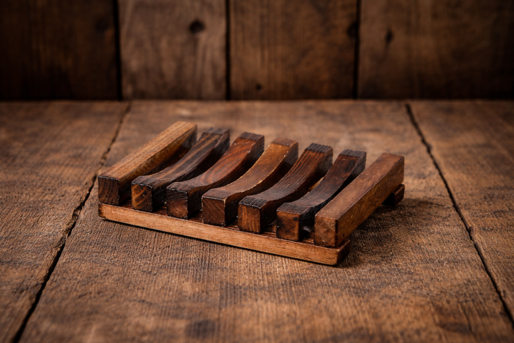 Wooden soap dish with wooden bars on a rustic wooden surface