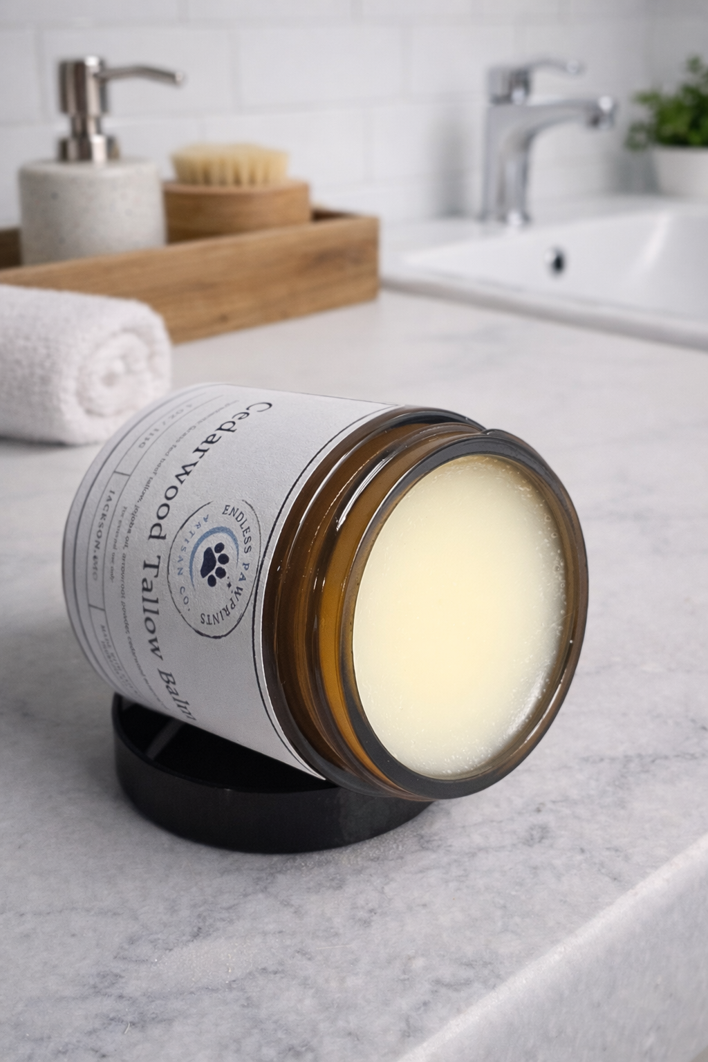 A jar of cedar wood tallow balm laying on its side on a bathroom counter top with a sink, towel and soap dispenser in the background. 